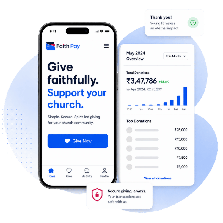 FaithPay mobile app and donation dashboard preview