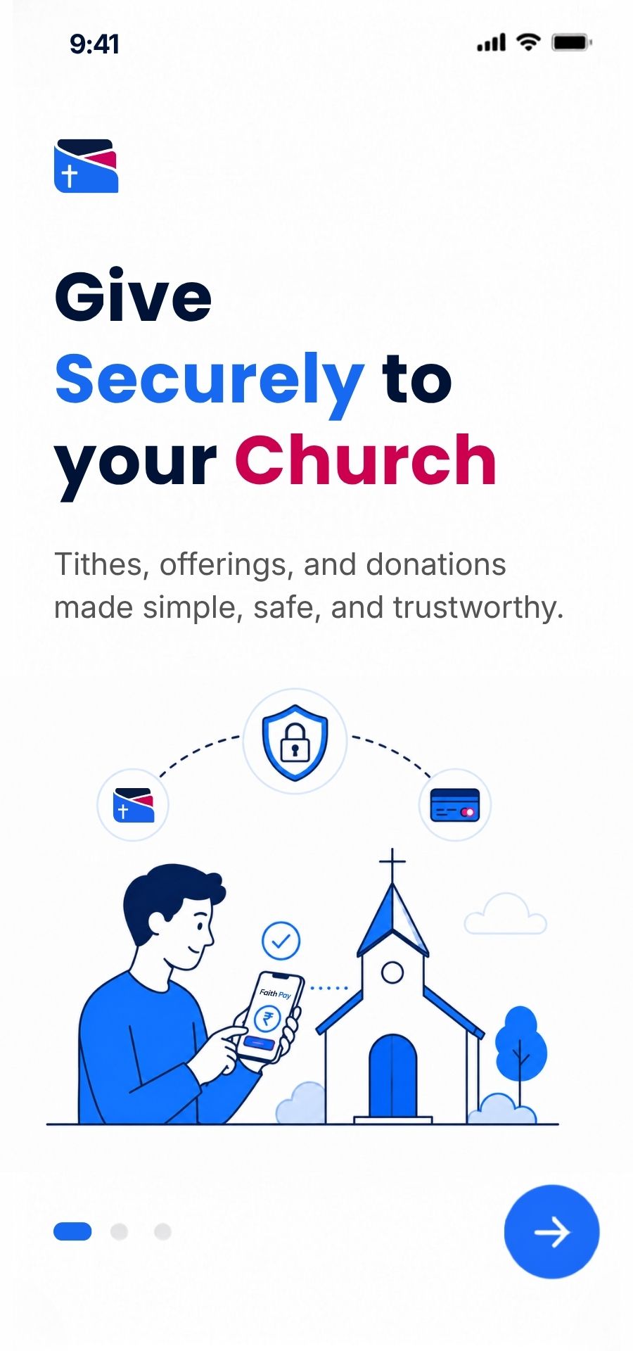 FaithPay onboarding screen for secure church donations