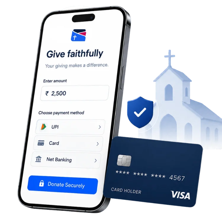 FaithPay donation screen showing UPI, card and net banking options with secure payment