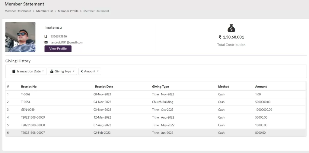 Donation receipt statement generated by church accounting software, detailing donation amounts, donor information, and receipt date