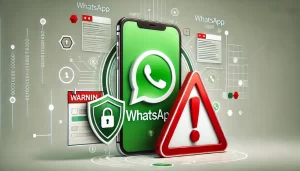 An illustration showing a smartphone with a WhatsApp logo and a red warning sign, emphasizing the importance of preventing hacks and scams on the platform.